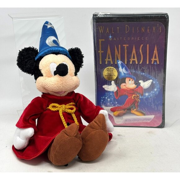 DISNEY Sorcerer Mickey Plush, VHS Fantasia Final Release Clamshell Movie Sealed - Picture 1 of 8